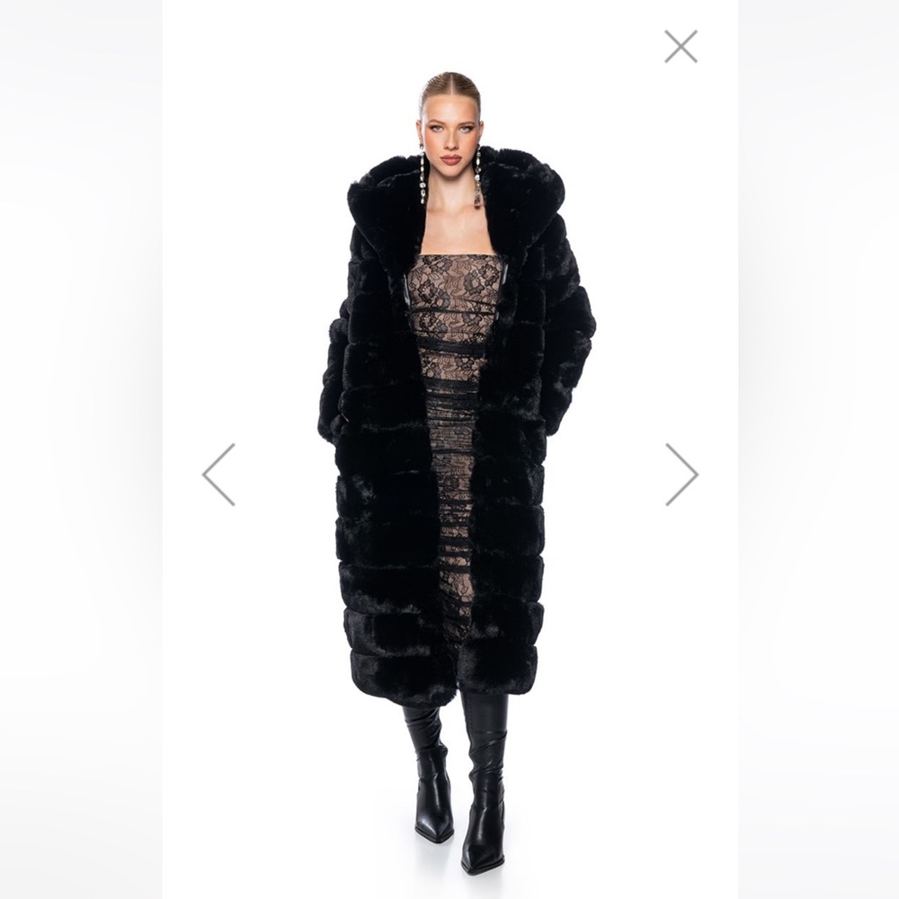 Faux Fur Panel Hooded Trench in Black. Brand New